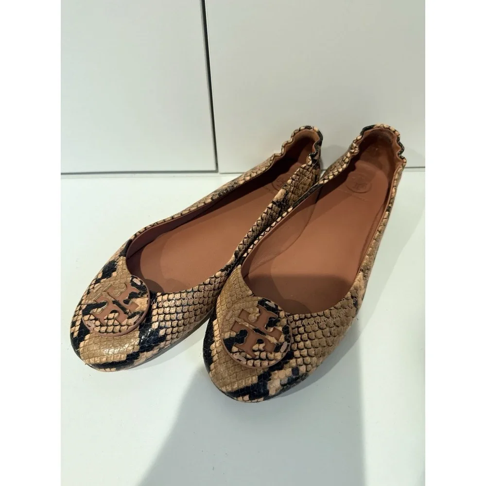 Tory Burch Stamp Snake Printed Leather Mini Travel Ballet Flats‎ Sz 9  1